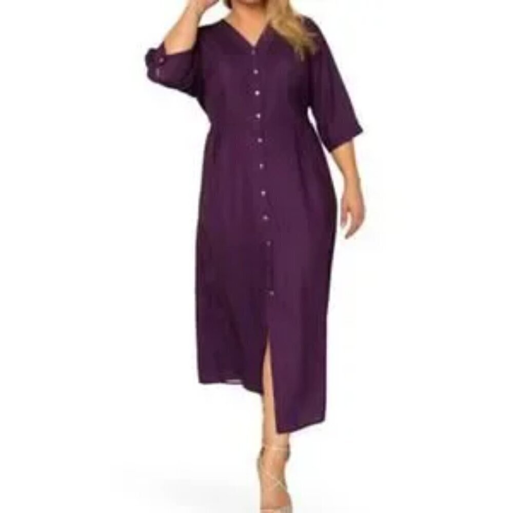 Standards & Practices Womens size 1X dress deep purple pintuck cuffed maxi NEW
